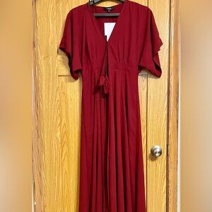Wrap front full length maroon evening dress